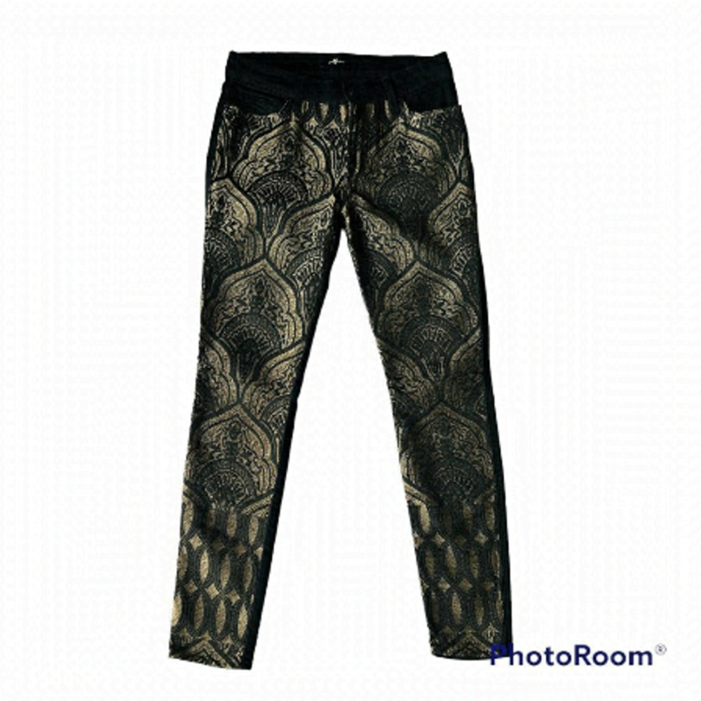 7 For All Mankind Black Baroque Tapestry Retro Skinny Solid Denim Jeans. Size 28